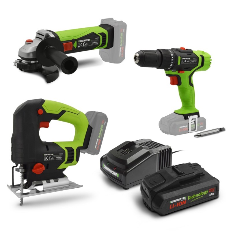 Kit 3 machines sans fil 20V(scie sauteuse + meuleuse + visseuse) +1 batterie 2Ah+ chargeur - Constructor