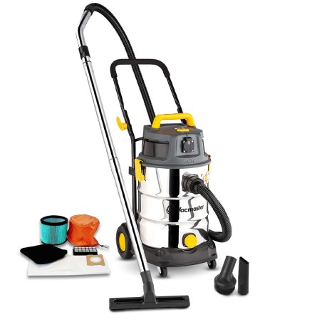 Aspirateur eau et poussières 1600W - 30L inox - 27 Kpa avec prise intégrée et bouchon de vidange