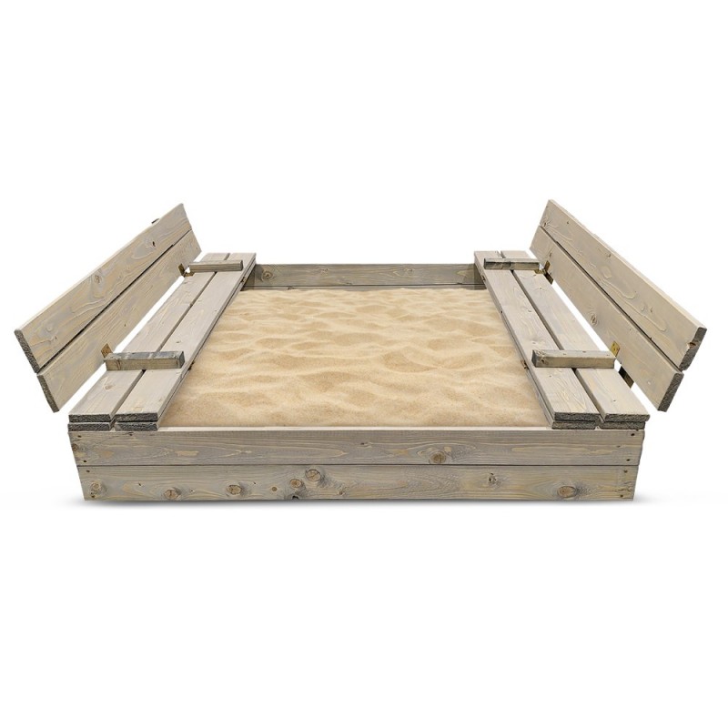 Bac à sable 120x120cm en bois avec couvercle rabattable - Bois traité couleur gris - Elem Garden