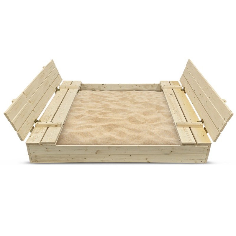 Bac à sable 140x140cm en bois avec couvercle rabattable - Couleur bois naturel - Elem Garden