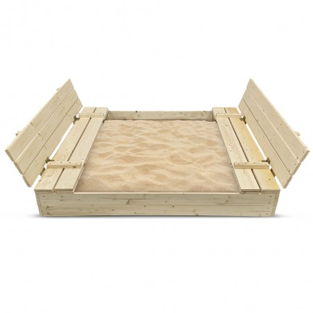 Bac à sable 140x140cm en bois avec couvercle rabattable - Couleur bois naturel - Elem Garden